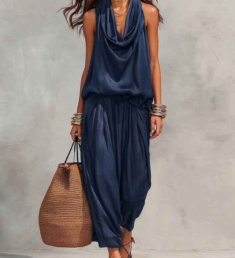 Maya | Ensemble Top Halter et Pantalon Large Plissé