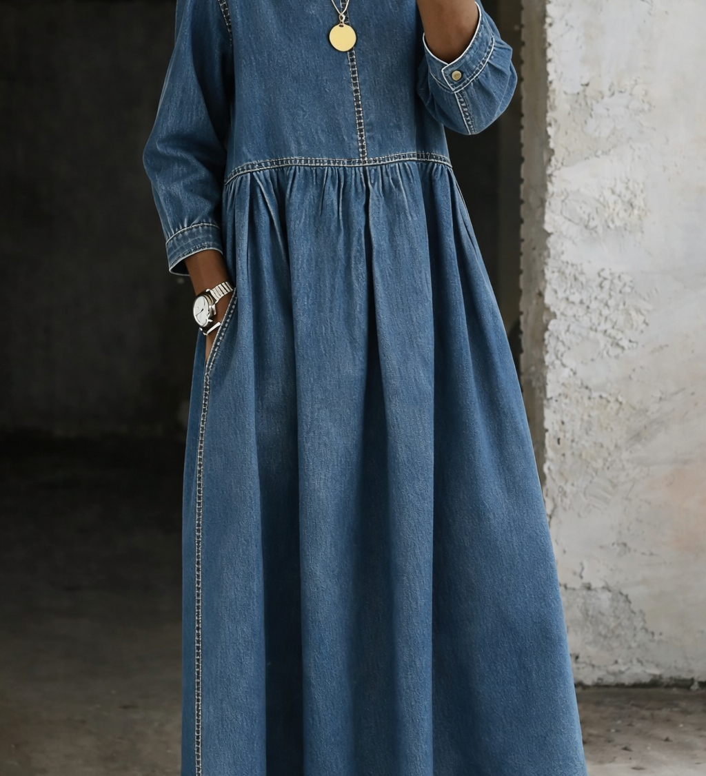 Melissa | Robe en Denim à Col Rond et Manches Longues