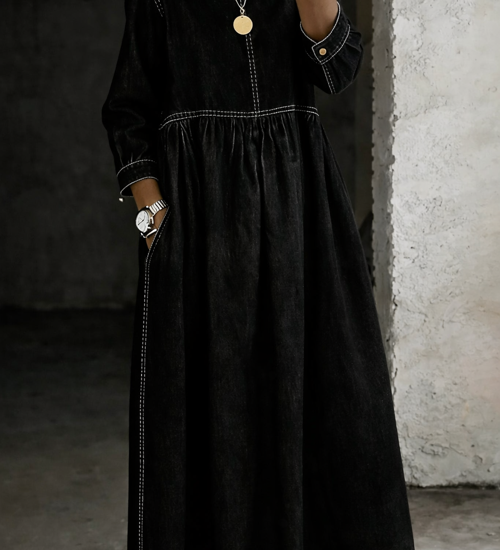 Melissa | Robe en Denim à Col Rond et Manches Longues