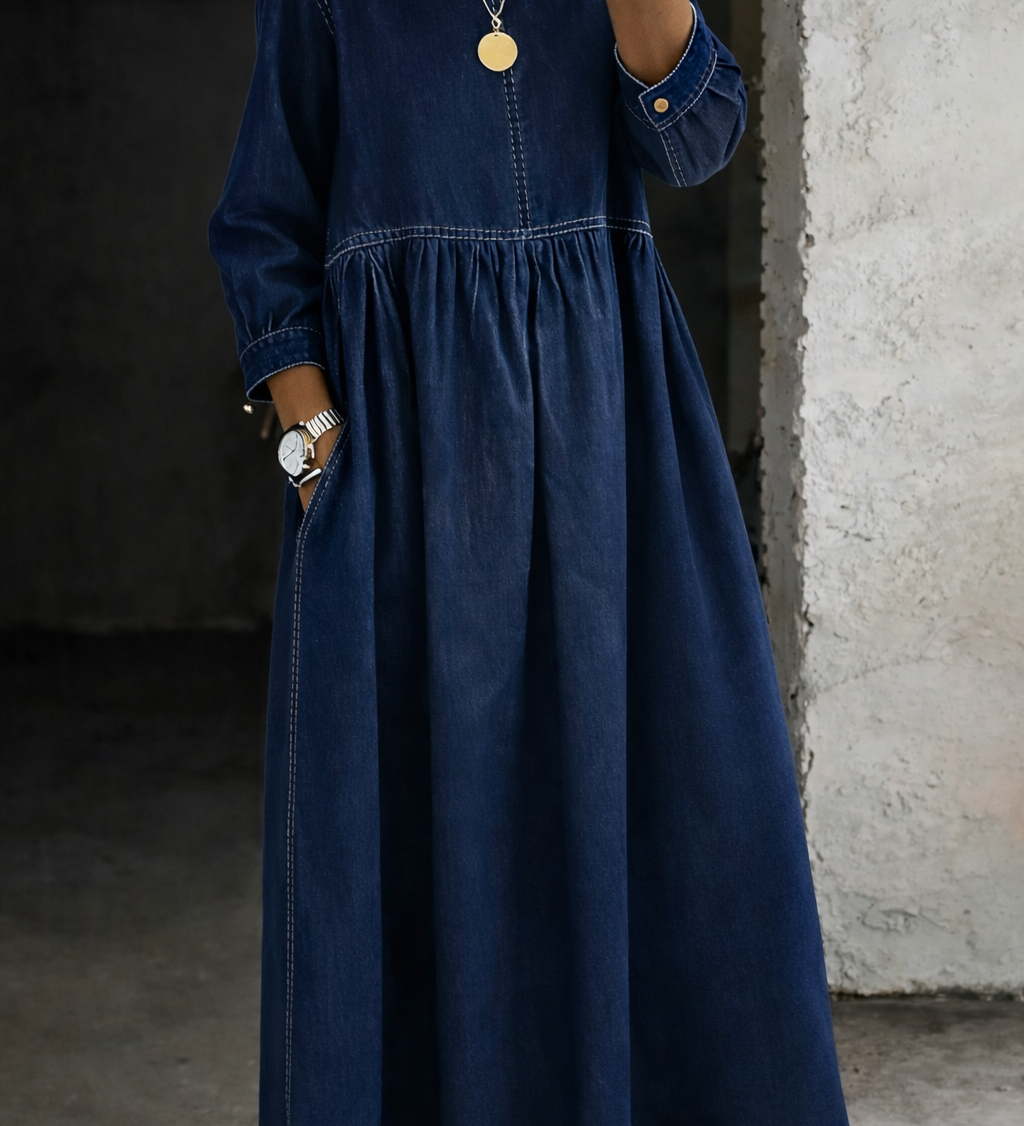 Melissa | Robe en Denim à Col Rond et Manches Longues
